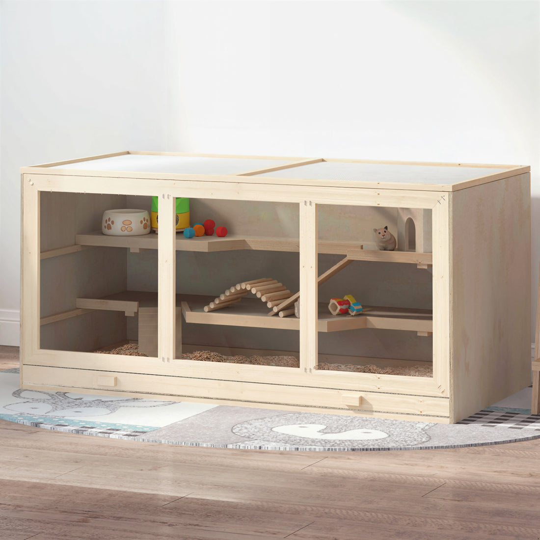 45" Extra Large Wooden Hamster Cage, 3-Layer Rat Cage with Opening Roof, PVC Window, Small Animal Habitat for Gerbil, Dwarf & Syrian Hamsters, Natural — image 1 of 9