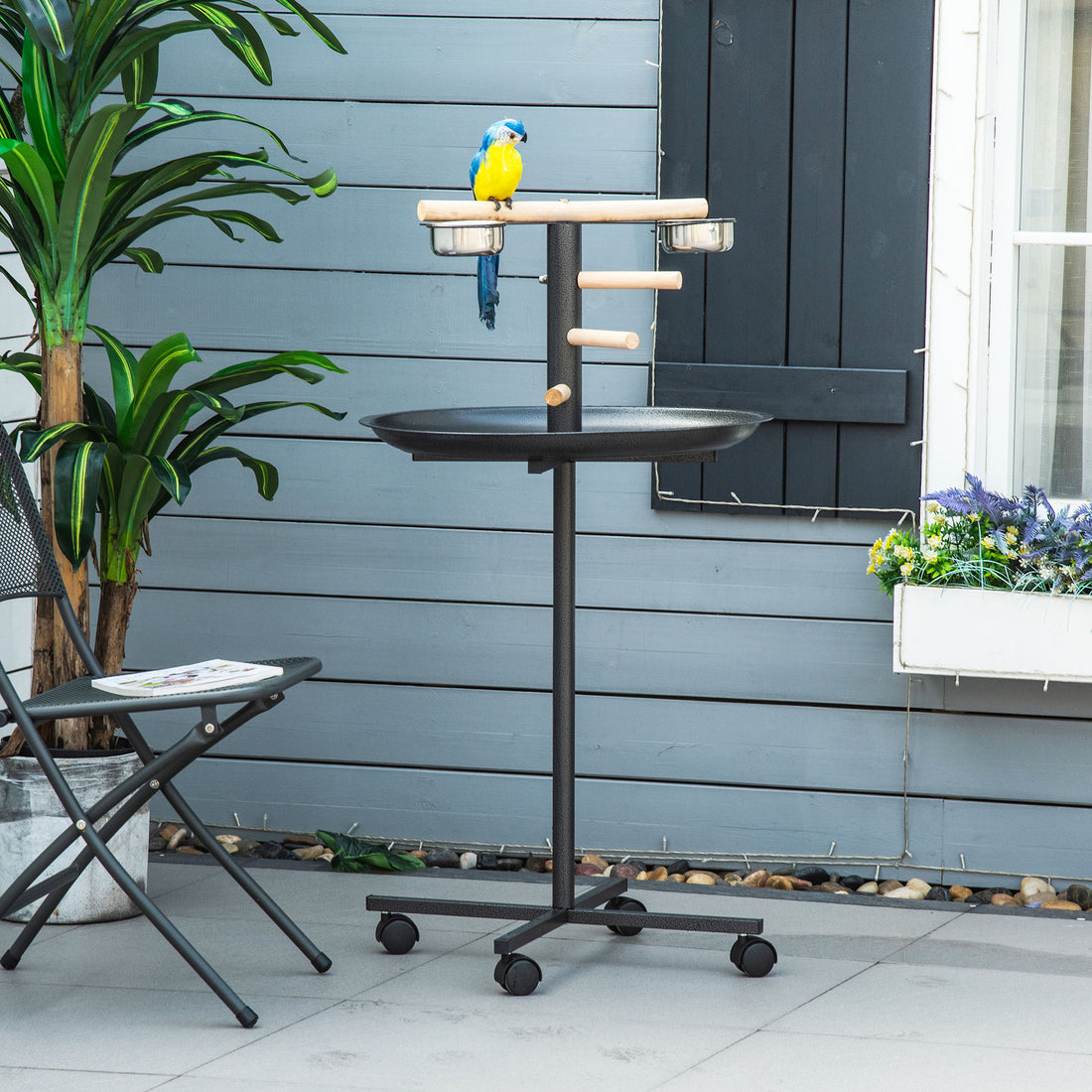 Portable Bird Play Stand, Parrot Perch Bird Feeder Station with Wheels, Stainless Steel Feeding Bowls, Tray, Gray — image 1 of 9