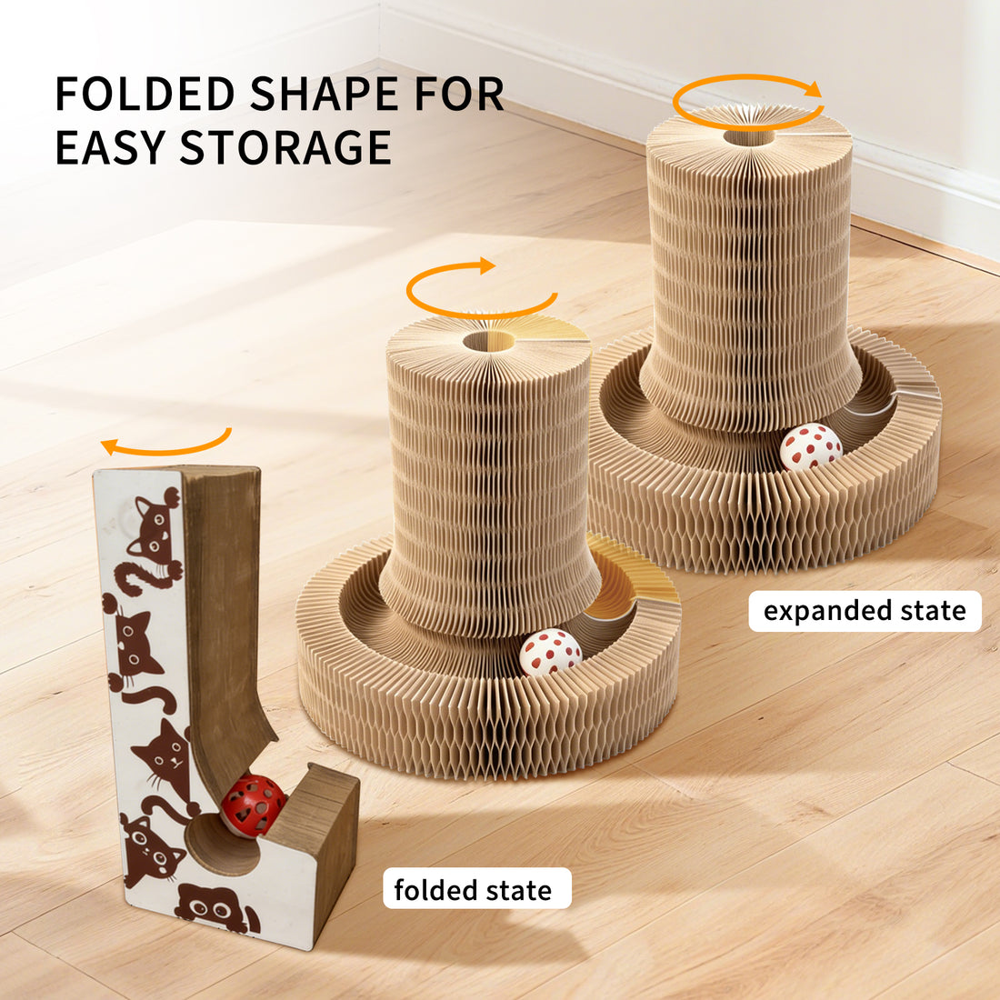 Multi-form Foldable Magic Organ Cat Scratcher Corrugated Cardboard Scratch Board Interactive Cat Toy With Rolling Bell Ball Indoor Kitten Grinding Claw Furniture — image 1 of 6